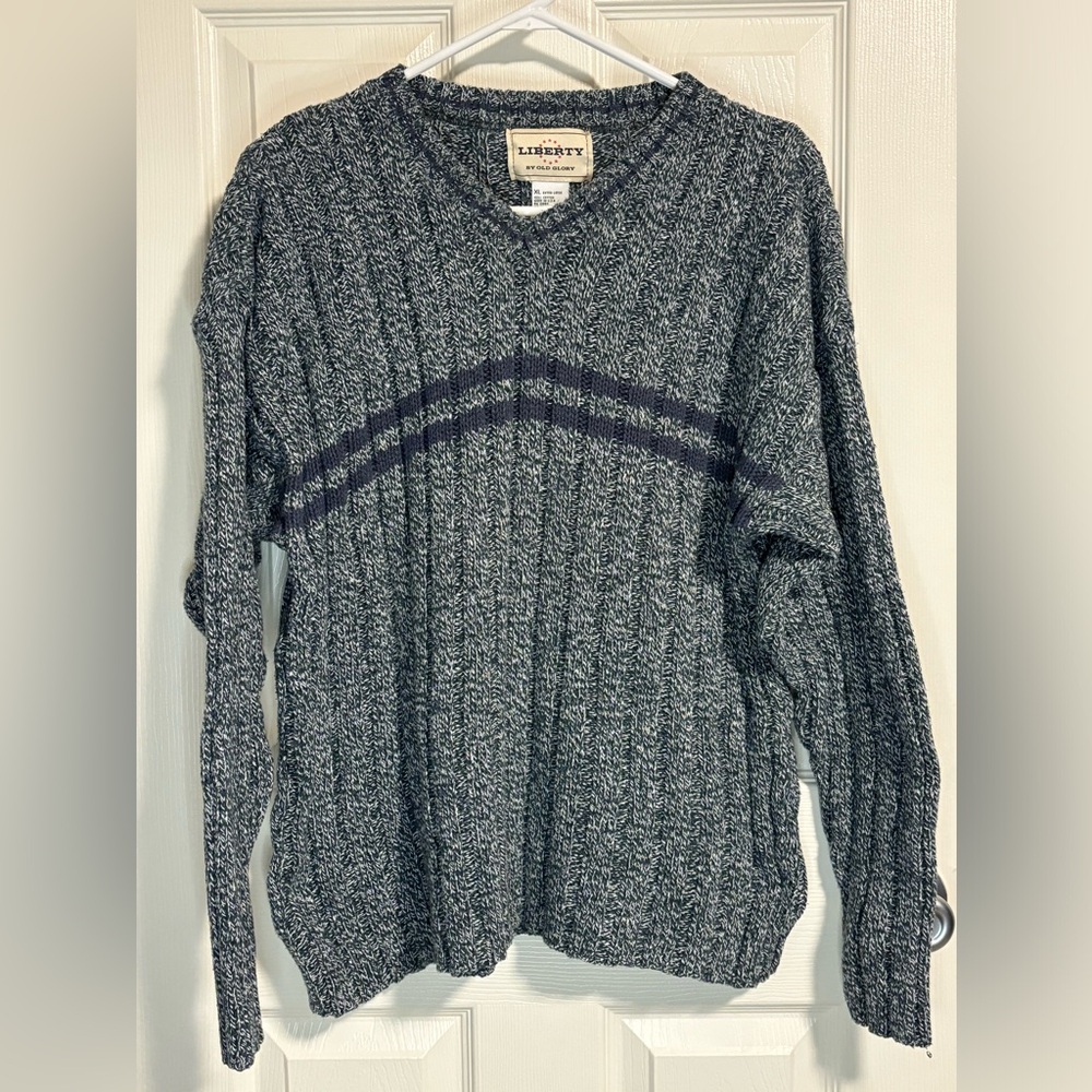 Navy and green vintage Liberty by Old Glory v-neck sweater-size XL